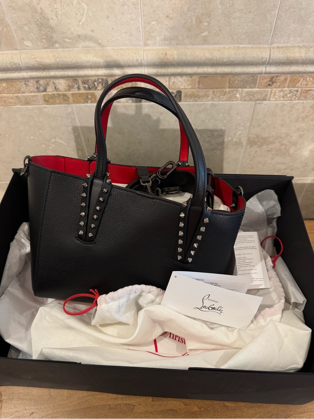Christian Louboutin Black Leather Studded Satchel with Red Interior